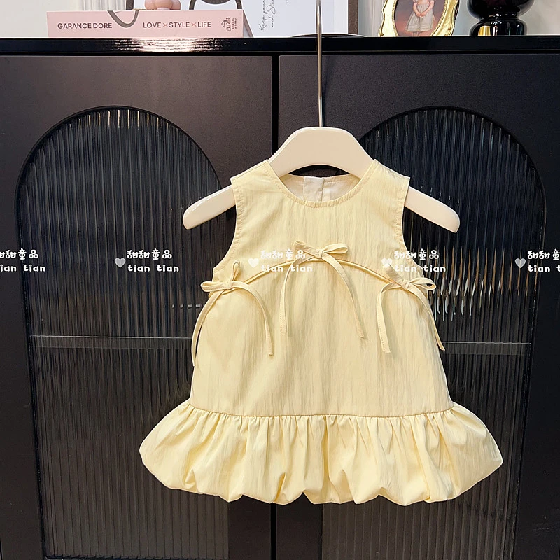 韩版2025夏季新品女童无袖连衣裙儿童宝宝气质蝴蝶结洋气公主裙
