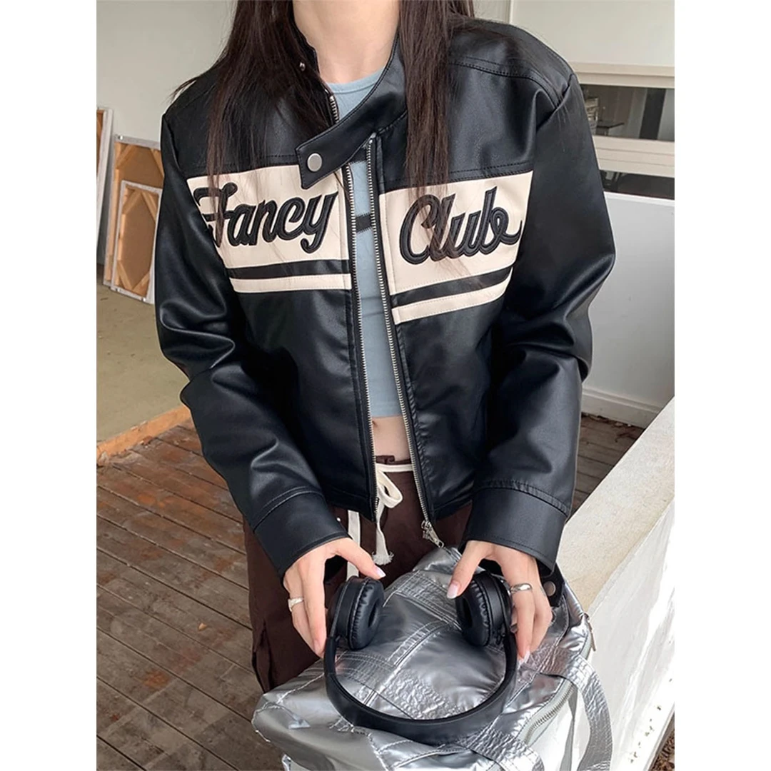 时尚复古气质感黑色短款机车皮衣外套女新款修身显瘦长袖夹克上衣
