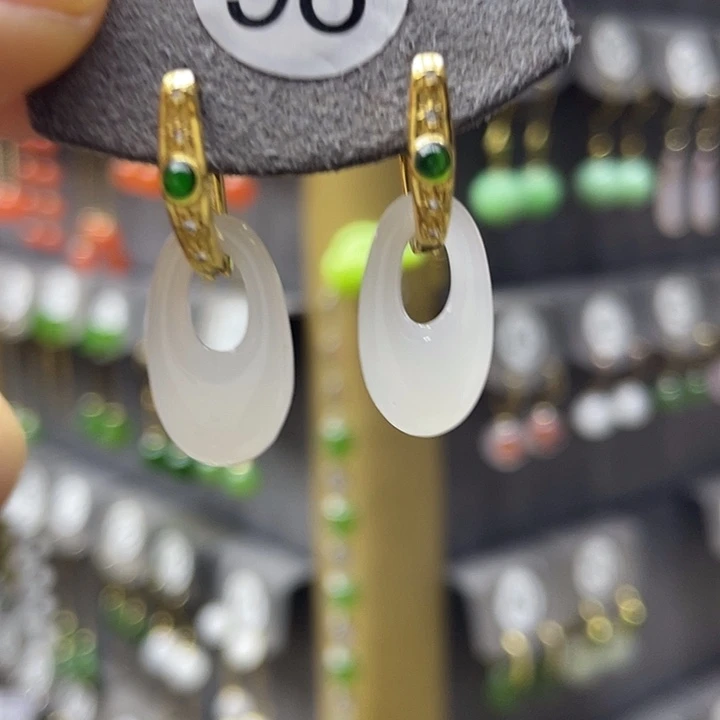 和田玉银S925镀金镶嵌耳饰