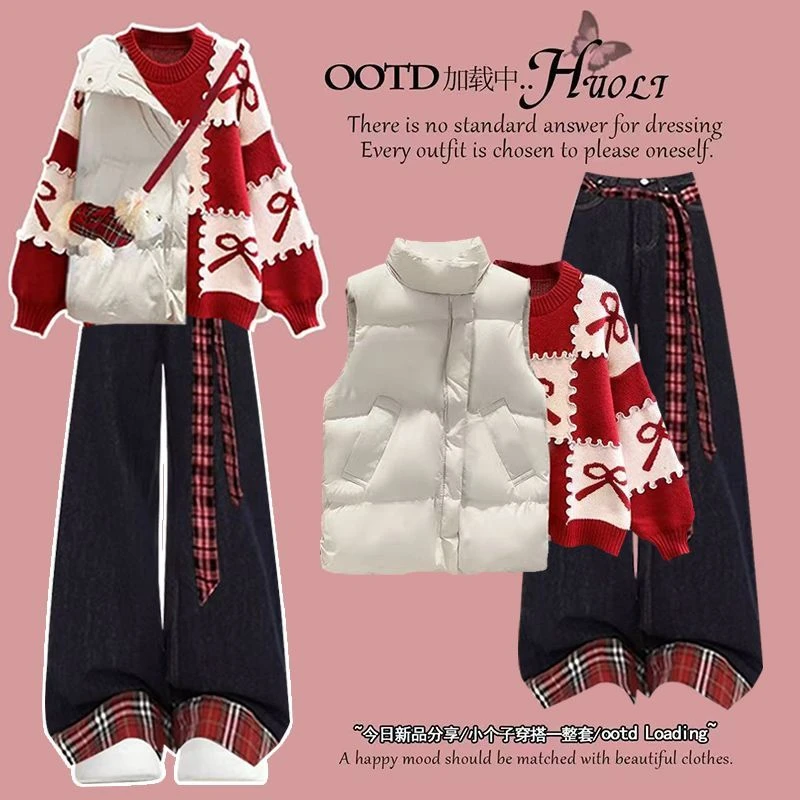 新年战袍韩系chic穿搭红色毛衣套装女秋冬2025新款学院风减龄穿搭
