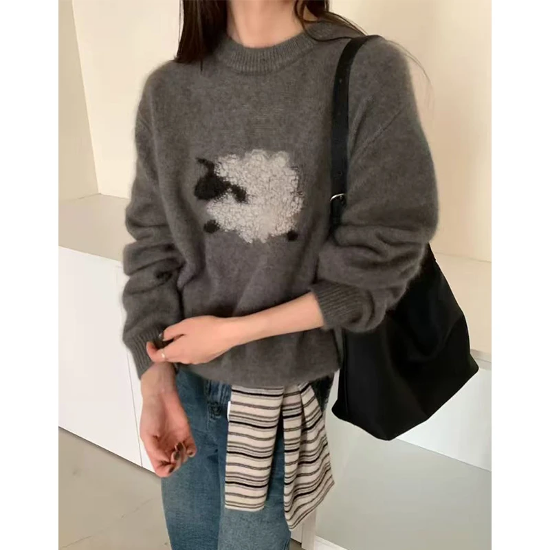 开心羊」可爱减龄~冬季小羊毛巾圆领针织衫宽松显瘦套头毛衣-5651