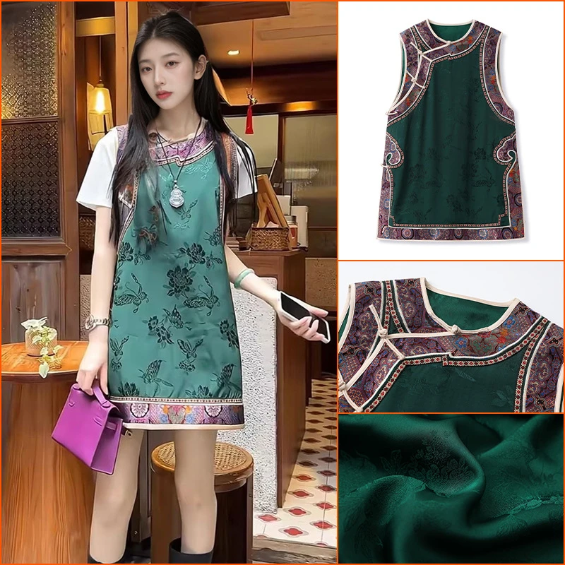 早秋中式国风新款独特别致上衣女绿色中长款人丝高端马甲女 M8063