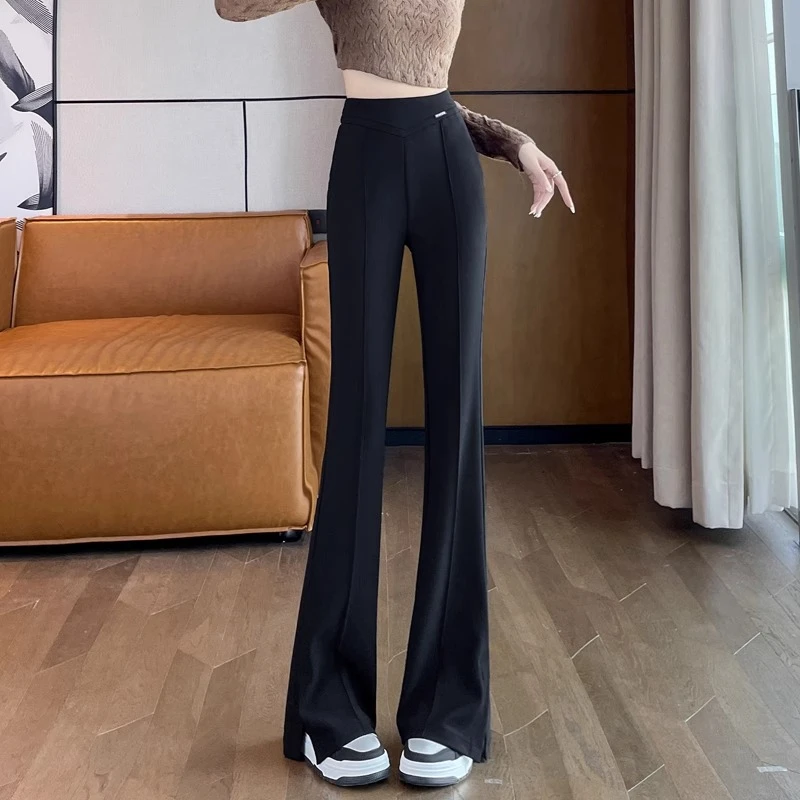 侧开叉微喇裤女秋季2025年新款高腰弹力时尚垂感显瘦休闲喇叭裤子