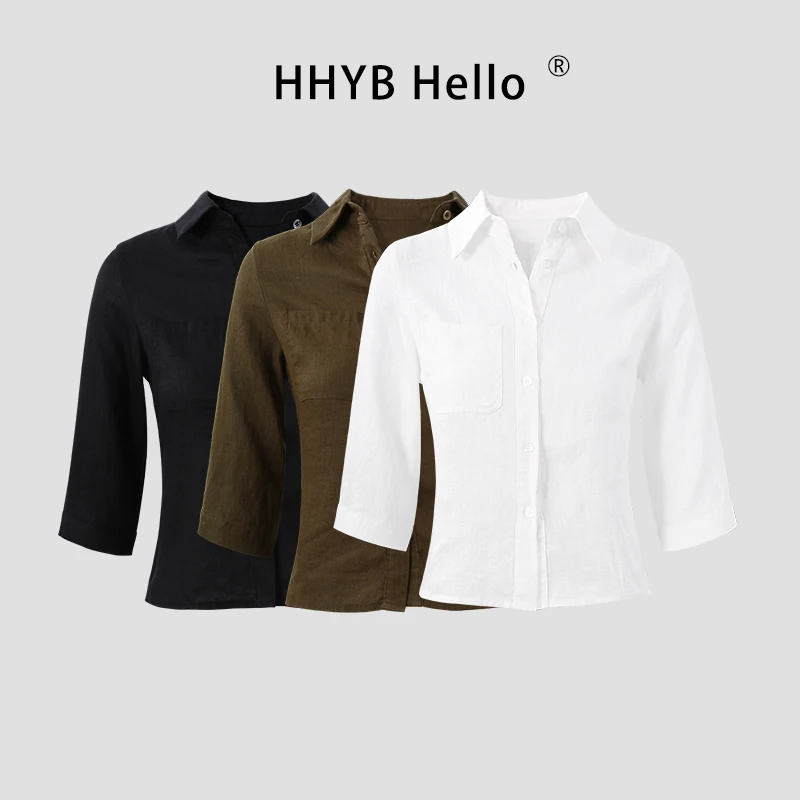 HHYB Hello2025新款七分袖亚麻中袖衬衫女褶皱感收腰衬衣Q252061