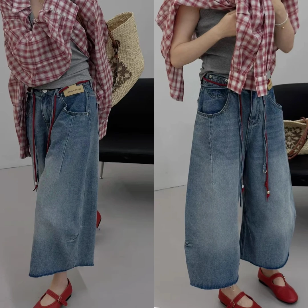 欧洲站夏季时尚高腰红色双抽绳设计微跨显瘦牛仔七分裤气球裤薄款