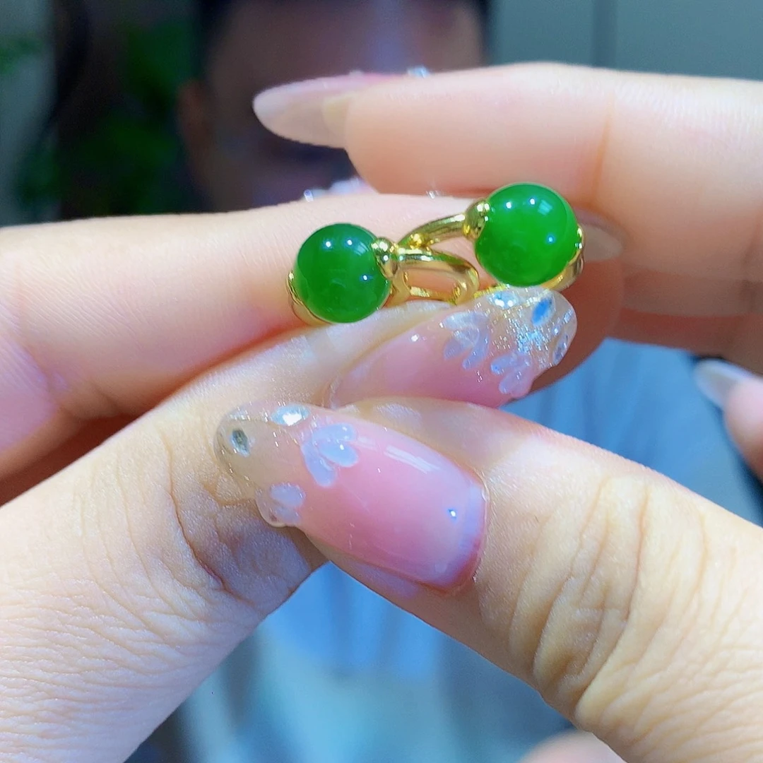 银S925镀金镶嵌和田玉（碧玉）耳饰