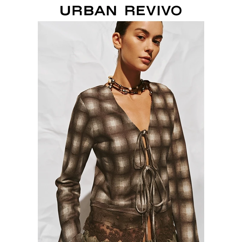 UR2026春季新款女装流光风格纹系拼接开襟衬衫UWH250164+