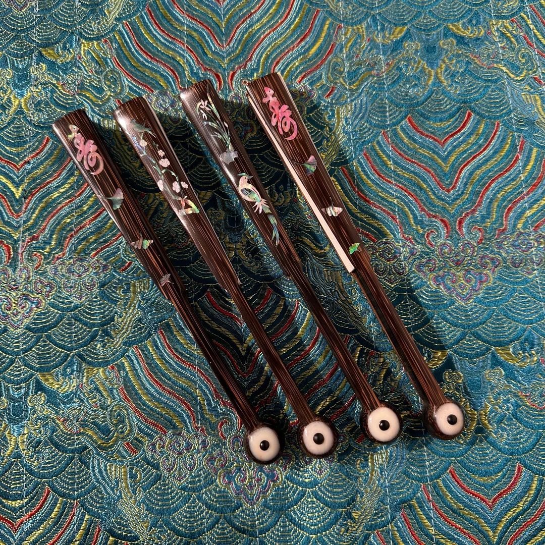 【掌中宝】5寸棕竹和尚头乌木小骨嵌螺钿越南棕竹 文玩折扇默认不粘