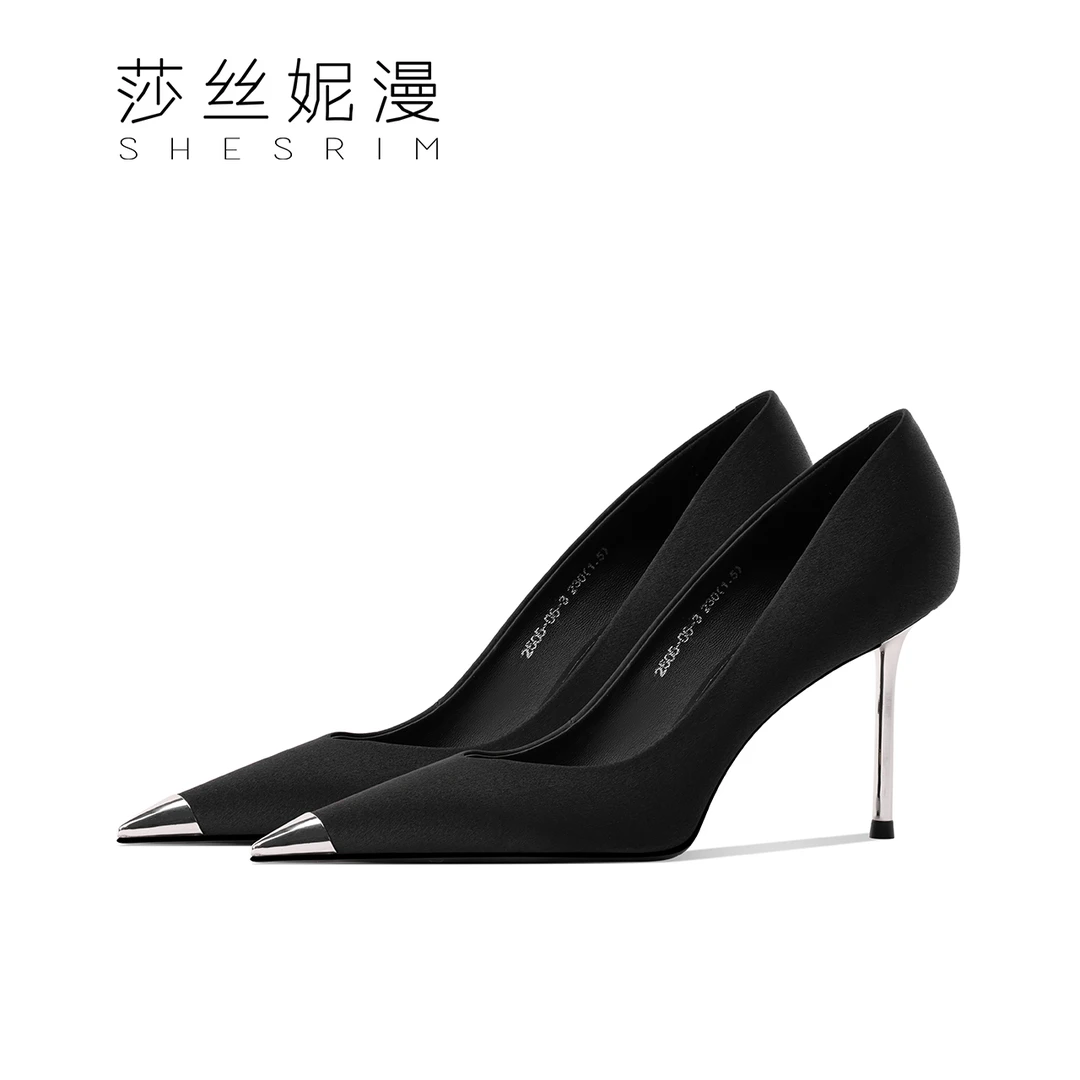 206-黑色性感尖头高跟鞋女2025新款爆款洋气真皮细跟浅口单鞋防踢