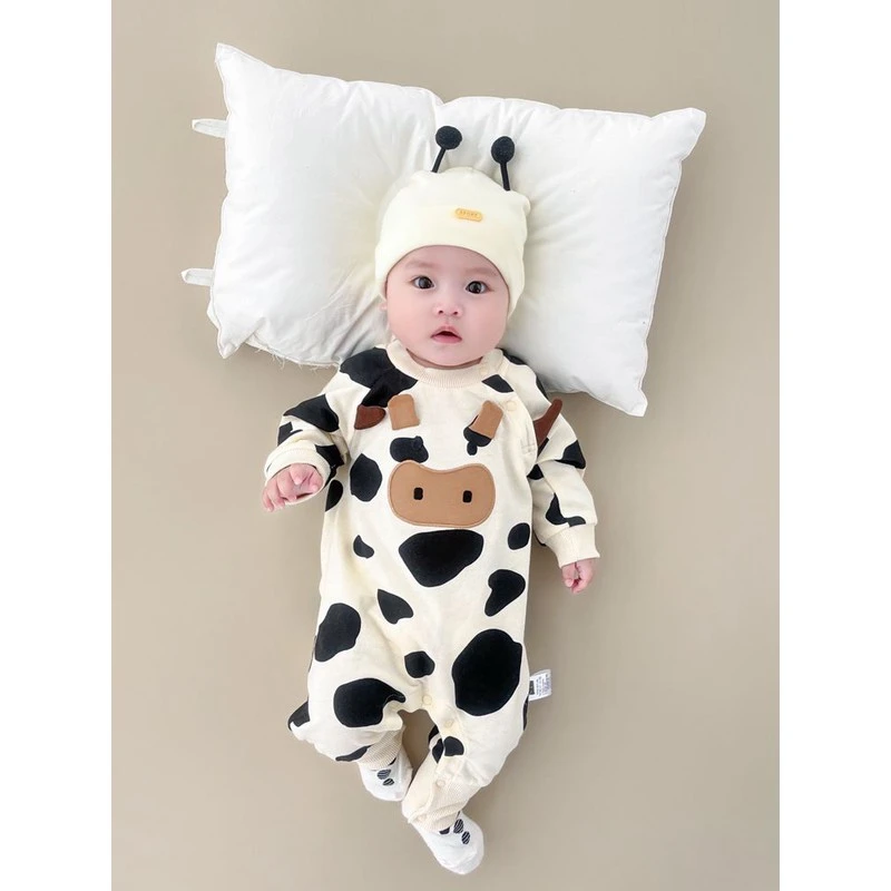 超萌可爱洋气新生婴儿宝宝衣服连体衣哈衣爬服奶牛百天满月春秋装