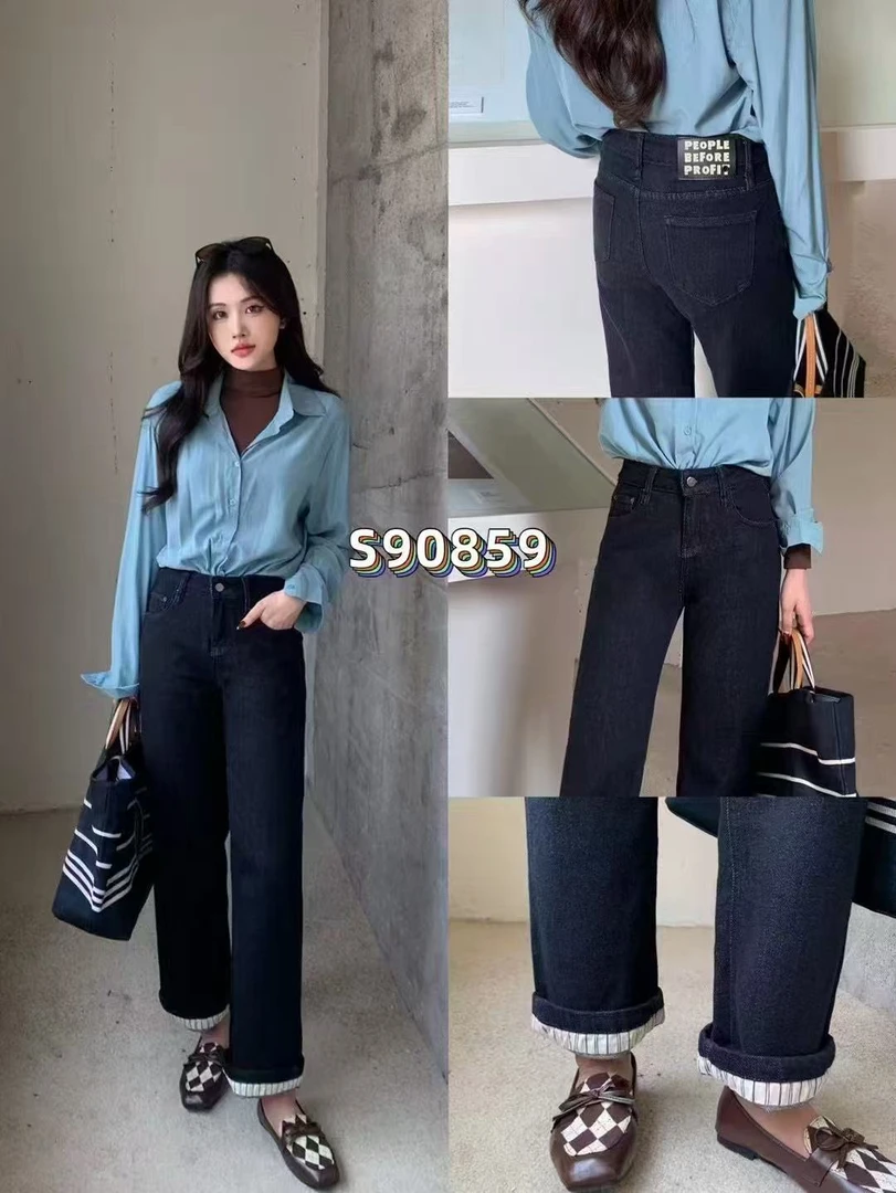 【卷边条纹牛仔】防掉色设计感直筒弹力牛仔直筒裤 苋19081(24859)