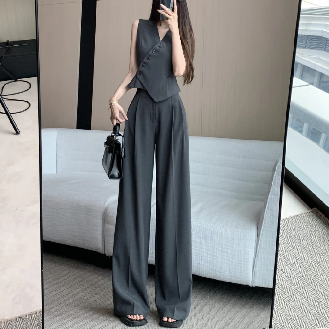 高级感气质灰色西装套装女春夏爆款设计感马甲+垂感休闲拖地裤潮