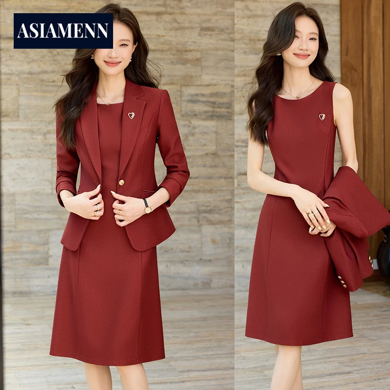时尚西装裙套装女2025春秋高级感穿搭西服内搭无袖连衣裙职业套装