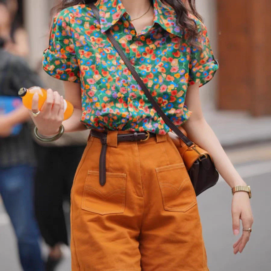 港风复古碎花短袖衬衫减龄夏季新款宽松洋气高级港风复古短袖衬衫