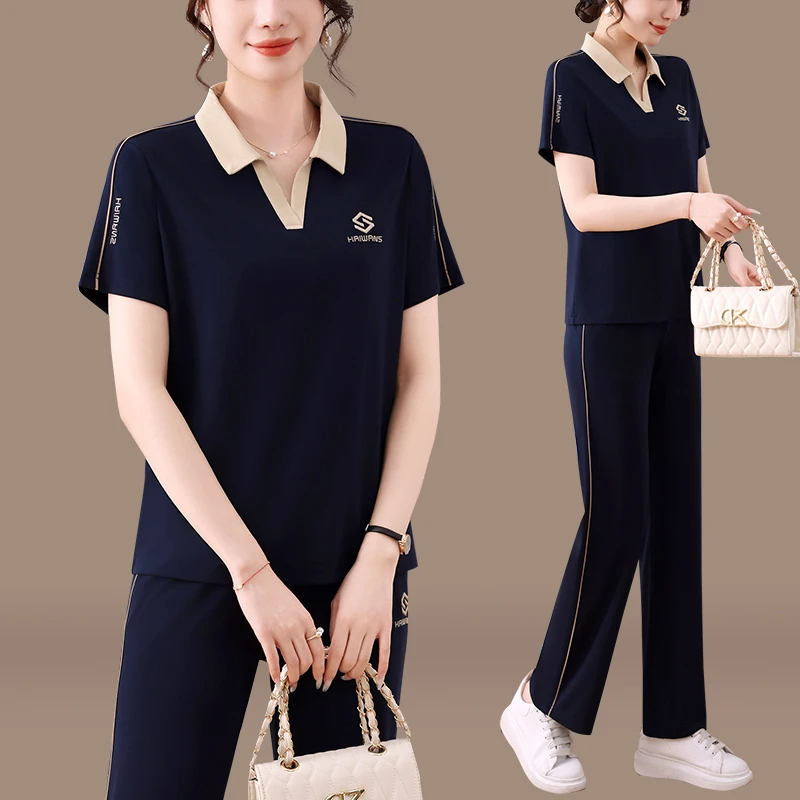 恩狐夏季新款时尚减龄运动套装宽松洋气女士翻领短袖休闲两件套