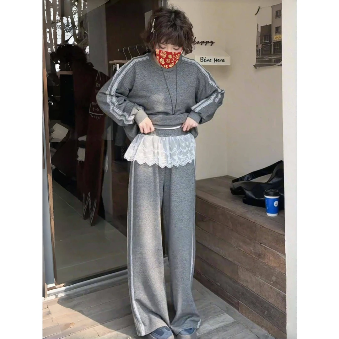 【薇薇】早春套装女2025超火韩系时尚休闲蕾丝拼接卫衣阔腿裤两件套