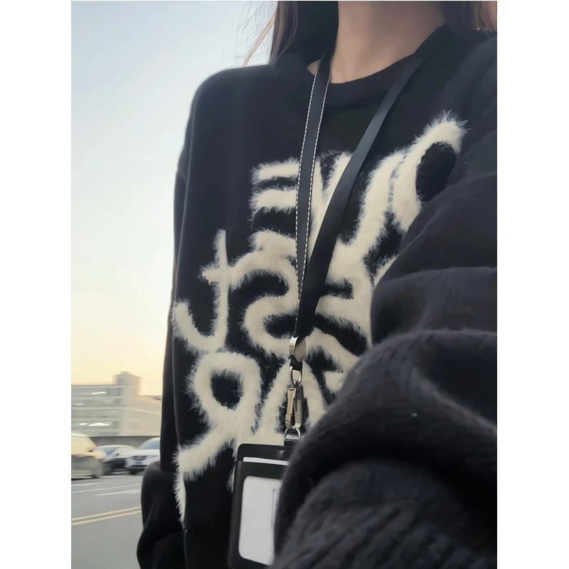 美式植绒字母重磅圆领毛衣男女冬季新款潮牌宽松慵懒风针织衫上衣