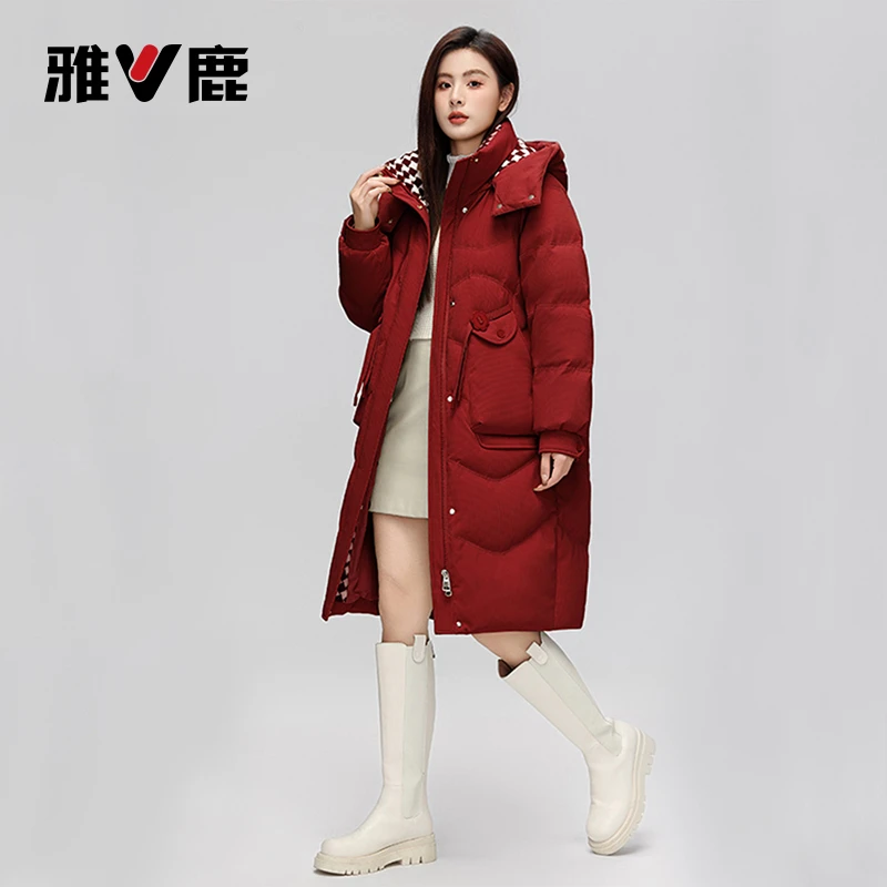 雅鹿中长款冬季正品新款加厚过膝保暖鸭绒宽松户外休闲女款羽绒服