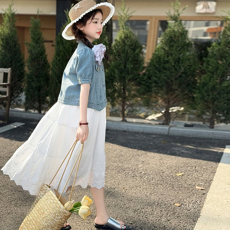 女童短袖套装夏季2025新款儿童洋气韩版牛仔短袖小女孩吊带棉布裙