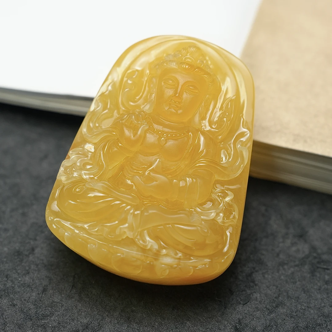 天然观音菩萨蜜蜡吊坠原矿无优化焦皮料橘黄满蜜精工手工雕手工抛