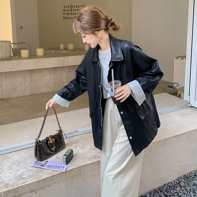 条纹拼接黑色皮衣外套女春秋2025新款高级感爆款美式机车服夹克