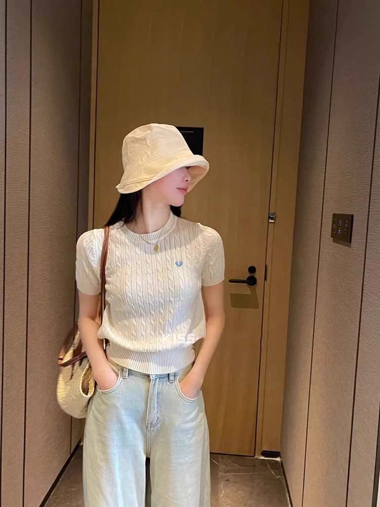 爱心刺绣麻花短袖正肩上衣女2025夏季新款设计感小众百搭短款上衣