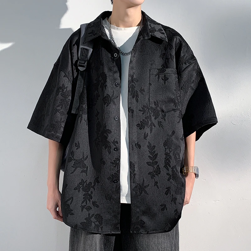 潮牌复古国潮新中式提花短袖衬衫男夏季宽松情侣休闲百搭半袖衬衣