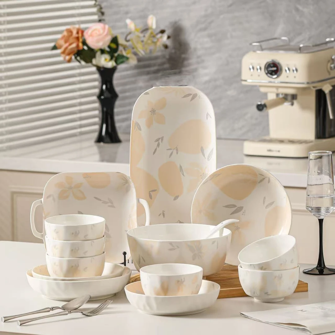 新款餐具花影14件套餐具套装家庭装饭碗盘子鱼盘汤碗易清洗