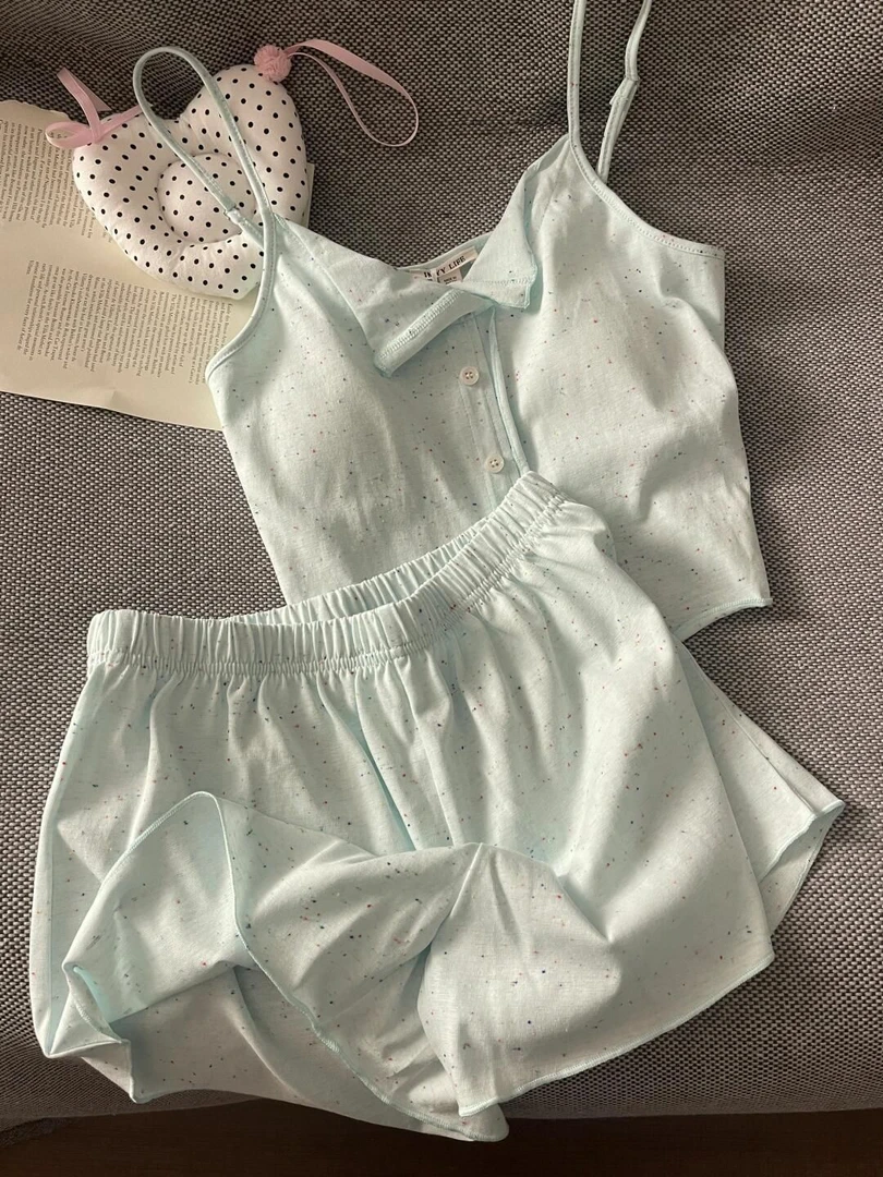 带胸垫吊带睡衣女生韩系ins夏季薄款纯棉甜美纯色休闲家居服套装