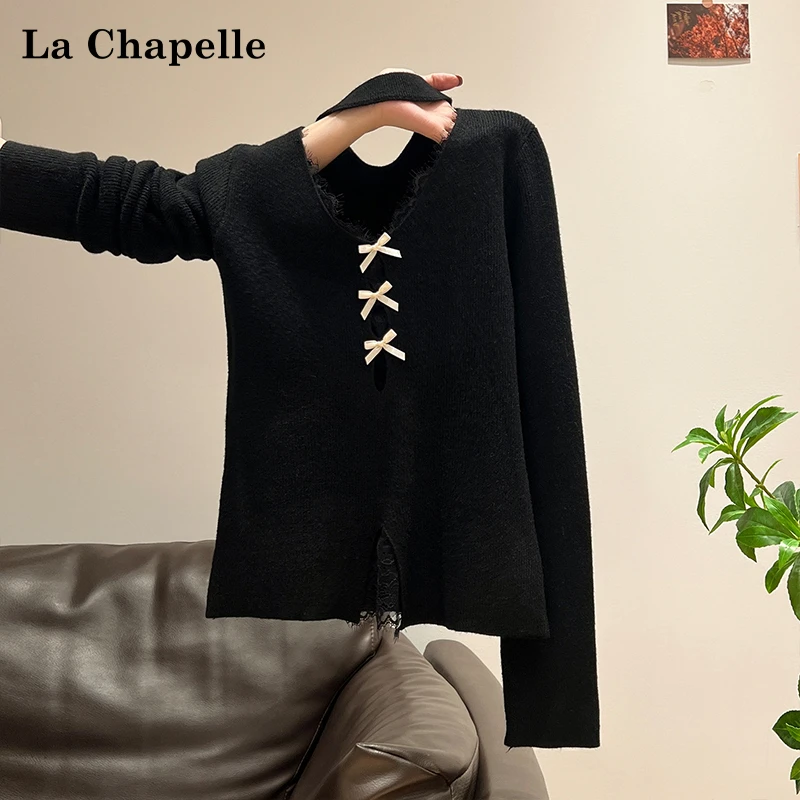 拉夏贝尔小众黑色蕾丝边挂脖针织衫女秋冬新款镂空气质内搭打底衫