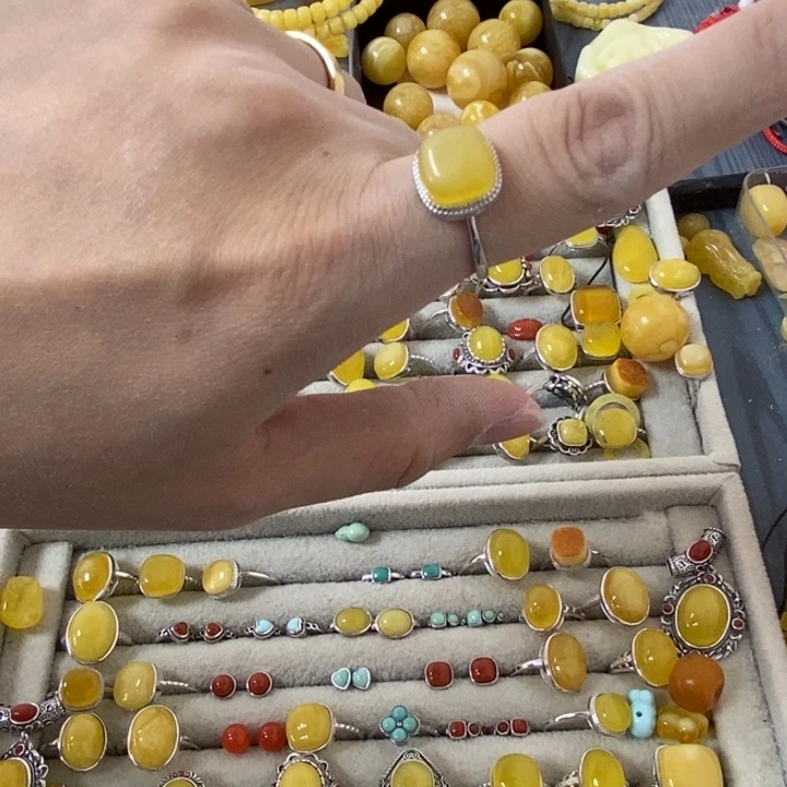 蜜蜡裸石银S925镶嵌戒指