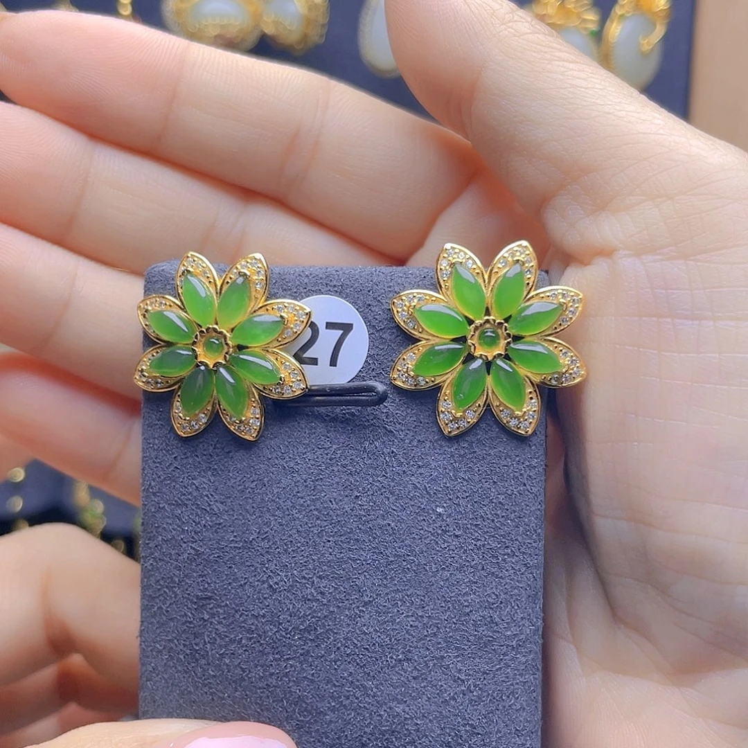 和田玉银S925镀金镶嵌耳饰