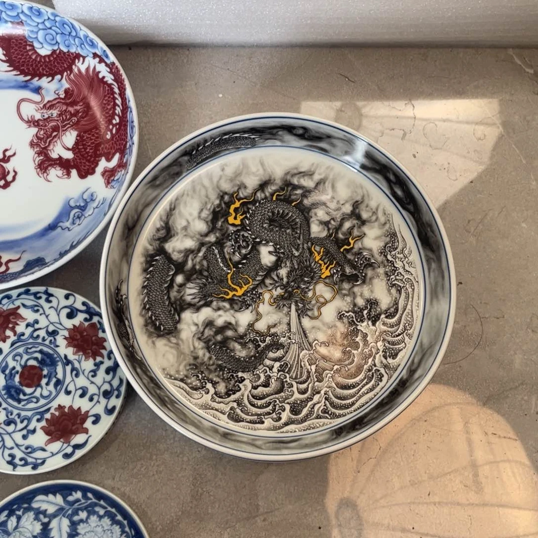 瓷片景德镇黑墨龙游海大壶承