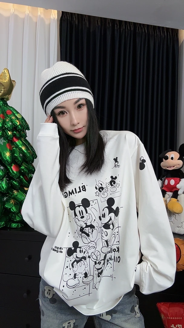 【劉發發】W421【快乐米奇】新款韩版百搭时尚宽松休闲长袖印花T恤