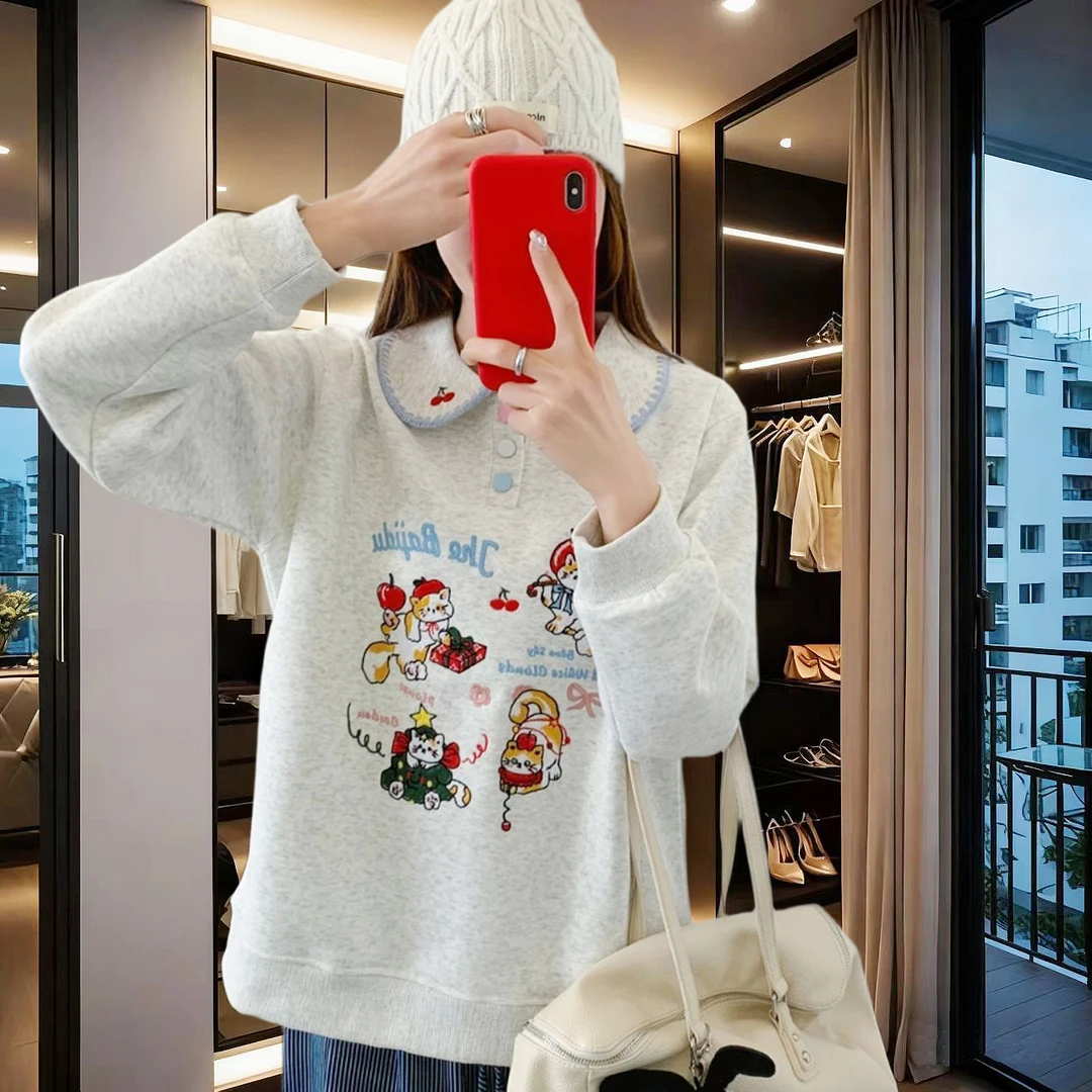 卡通猫咪刺绣娃娃领卫衣女秋冬宽松显瘦特大码300斤减龄长袖上衣