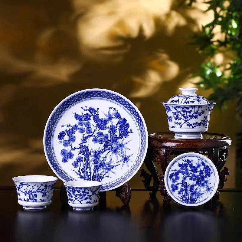 景德镇手工制作釉下彩青花瓷松竹梅岁寒三友陶瓷茶具套装五件套