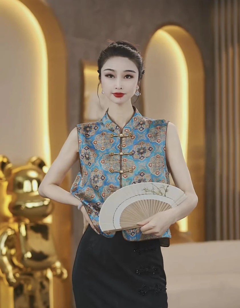 3814新国潮无袖复古印花夏季马甲