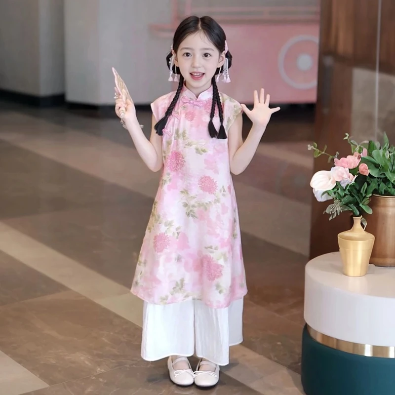 女童夏装国风套装2025年款衣服儿童新款斜襟旗袍夏装阔腿裤两件套