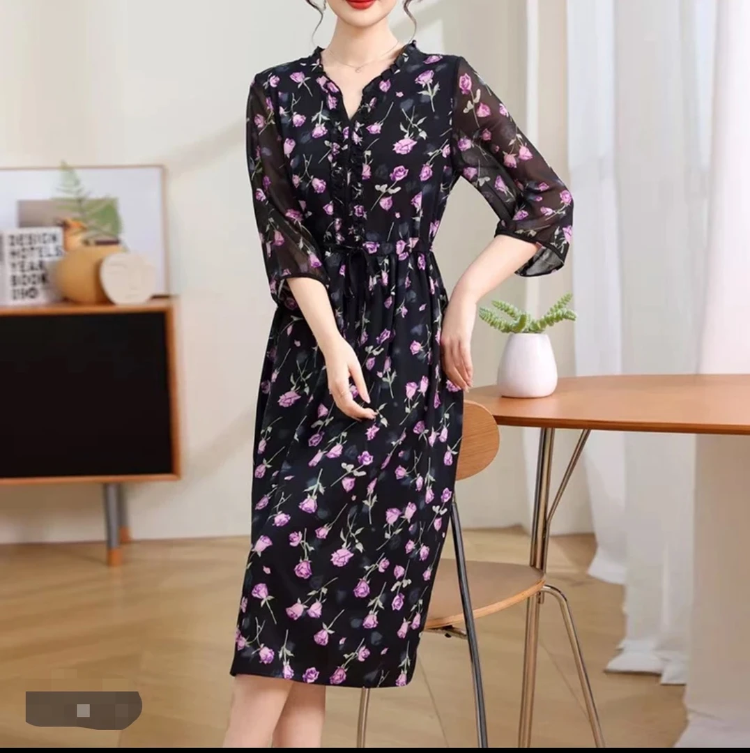 【时装高定款】紫色玫瑰气质修身时尚夏季印花连衣裙女装大码连衣裙