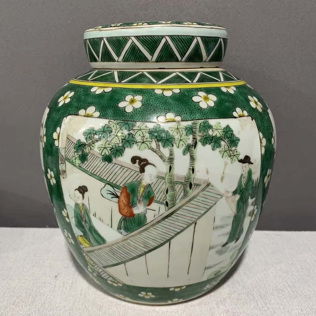 A0728026  清晚期 五彩开窗西厢记盖罐（口径9.6 肚径21 高23）