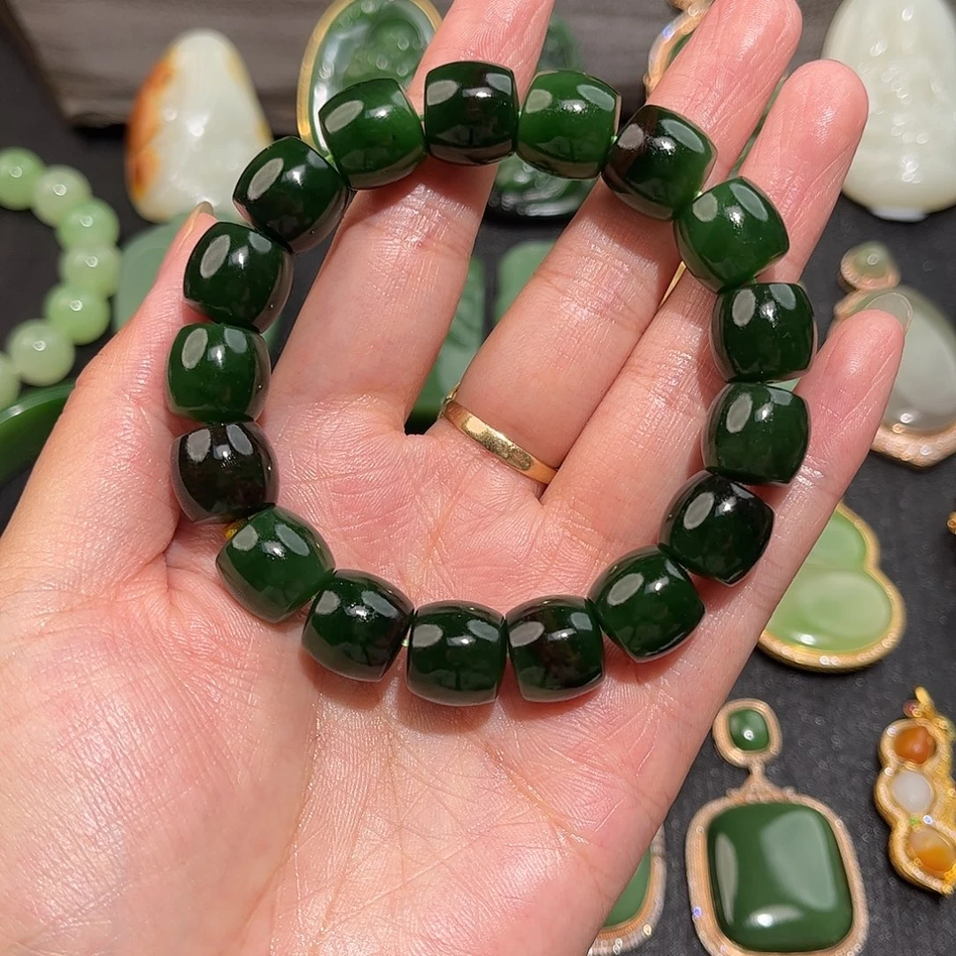 和田玉（碧玉）未镶嵌手串俄碧 菠菜绿