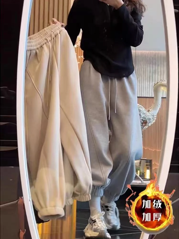 米白色加绒加厚运动裤女2025冬季小个子九分裤直筒休闲卫裤哈伦裤