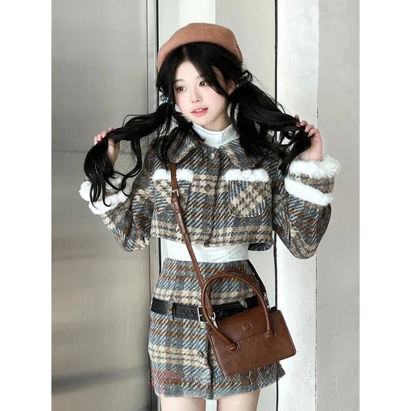 2025秋冬潮小香风套装女复古格纹毛绒拼接短款外套高腰显瘦半身裙