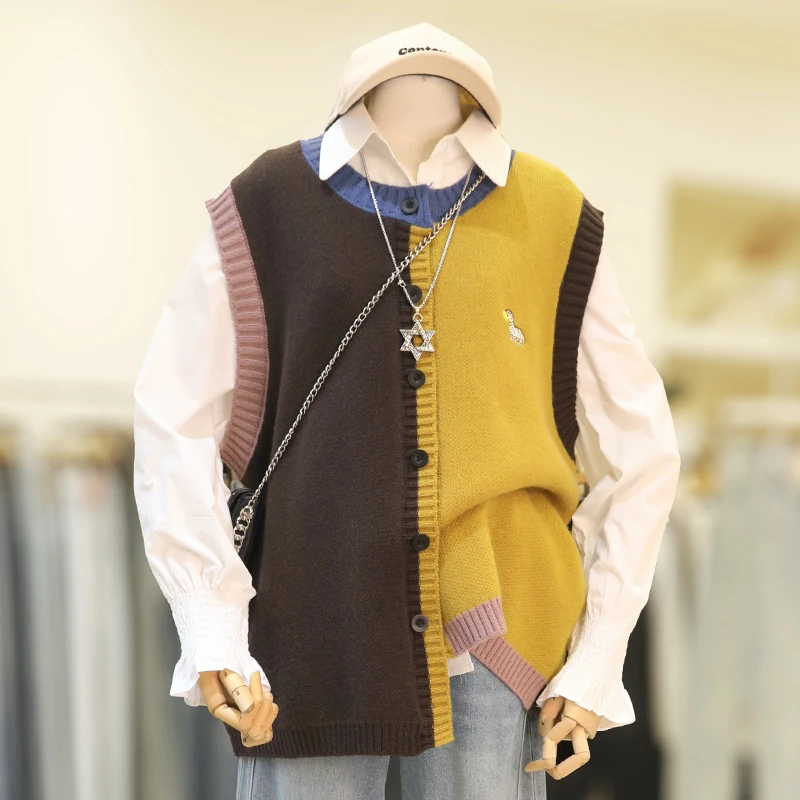 zaw大码胖妹妹撞色针织毛衣马甲女春秋衬衫上衣两件套25015/25016