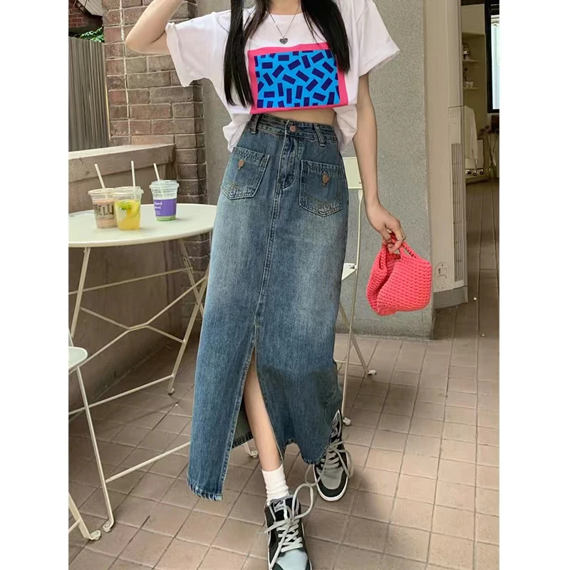 2025年爆款小个子开叉牛仔半身裙女高腰显瘦a字中长裙子