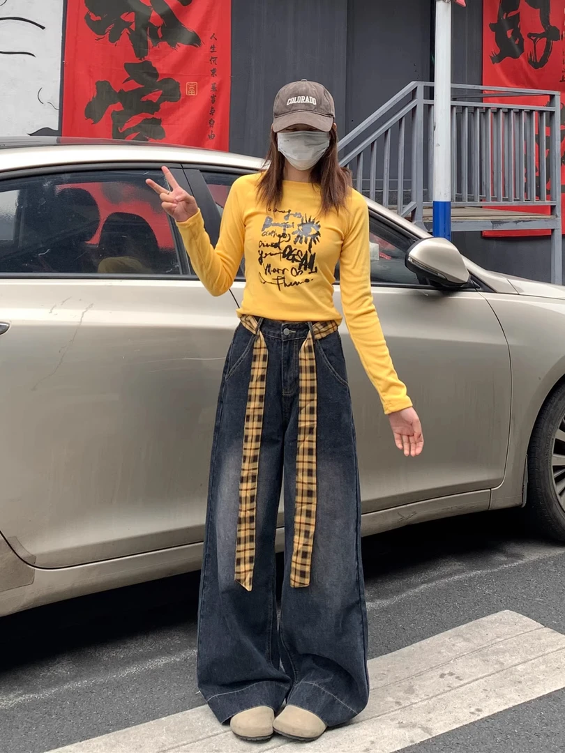 黑灰色格子拼接直筒牛仔裤女初夏新款高腰宽松复古显瘦阔腿拖地裤