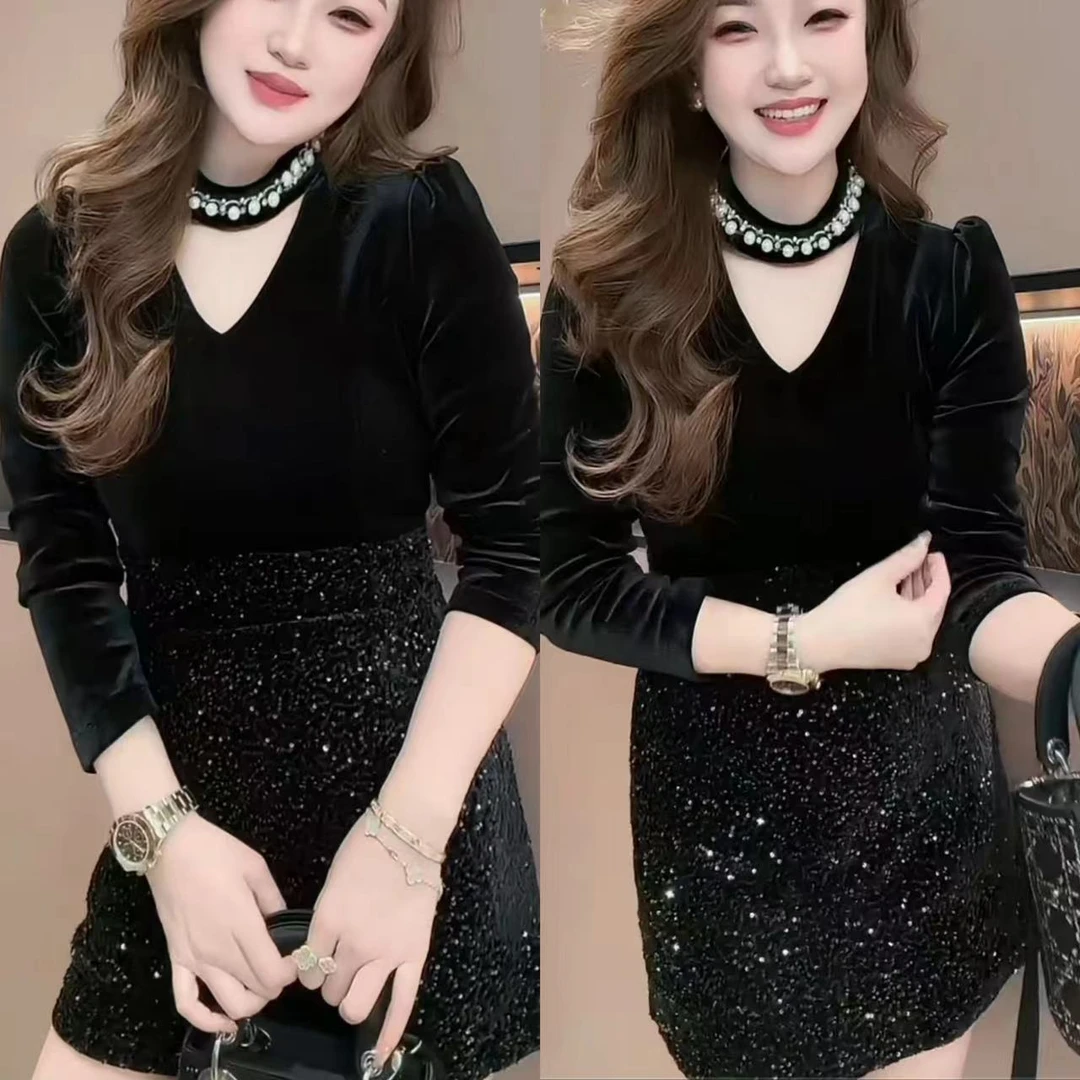 时尚黑色包臀连衣裙冬季V领拼接亮片裙