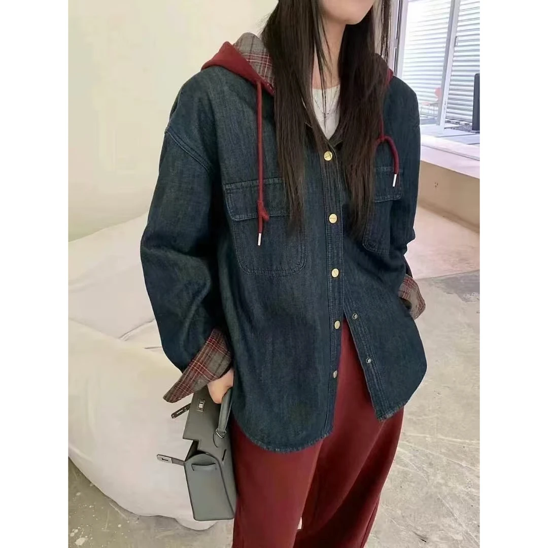 欧洲站时尚连帽里加绒长袖厚款牛仔衬衣女衬衫