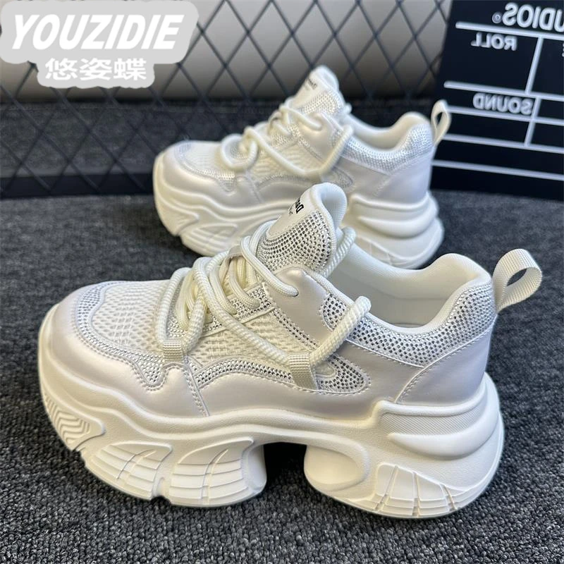 香港网面老爹鞋女2025春夏新款透气厚底显瘦高跟软底舒适内增高鞋