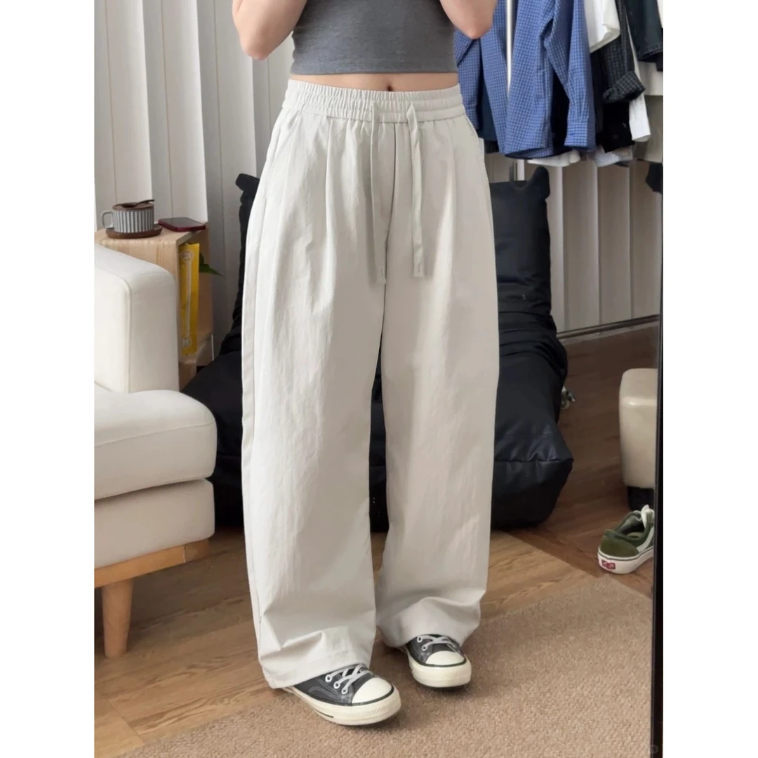 2025春季新款潮牌松紧腰抽绳白色阔腿休闲裤男痞帅宽松直筒弯刀裤